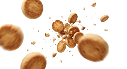 Crispy Round Biscuits Exploding and Crushing in Mid-Air Against White Background