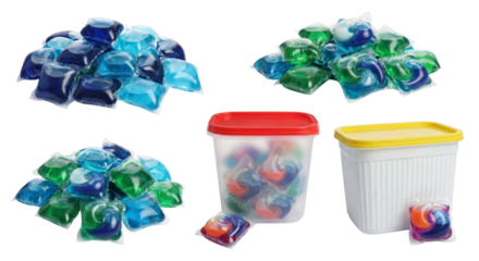 Laundry Detergent Pods in Various Colors and Containers
