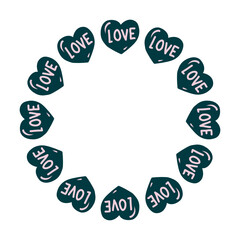 Vector round decorative frame with blue hearts and text LOVE, perfect for Valentines day card, wedding invitation and so one.