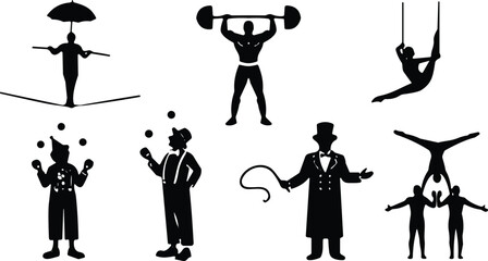 Circus performer silhouettes, tightrope walker, strongman, aerialist, clown juggling, ringmaster, acrobats, dynamic pose, entertainment icons, showtime action © Saiful Islam
