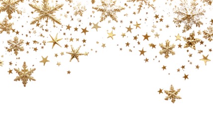 Golden snowflakes and stars on transparent background