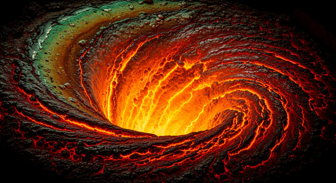 Swirling pit of orange and black texture, resembling lava or a fiery abyss, representing power, heat, and geological forces, intense energy