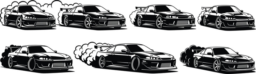 Drifting sports car silhouette, tire smoke vector, black and white art, speed motion, racing style, dynamic vehicle, street drift © Saiful Islam