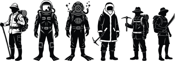 Explorer silhouettes, adventure gear, mountaineer, diver, arctic figure, jungle pose, cave icon, environment-specific outfit, discovery, wilderness © Saiful Islam