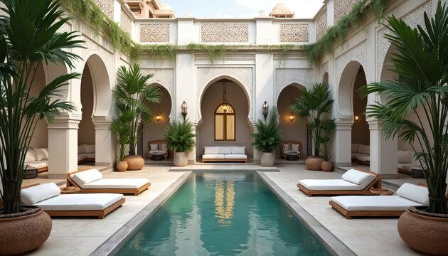 Illustration shows moroccan riad courtyard with pool, lounge zone. Design displays traditional arabic architecture with arches. Vacation escape travel destination concept. Spa hotel offers luxury