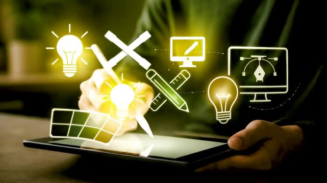 Creative Technology Concepts Emerging From Tablet With Glowing Ideas, Tools and Digital Innovation Elements in Modern Workspace