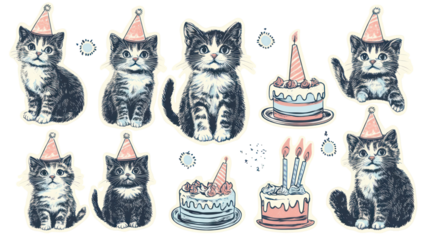 Celebrating kittens with birthday cakes on transparent background