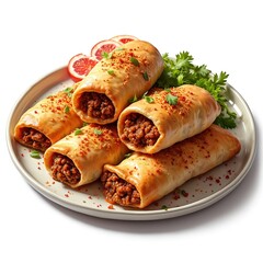 Illustration keema naan. Dish stuffed with seasoned minced meat served hot. Tasty savory bread with filling on plate. Culinary art photo for restaurant menu