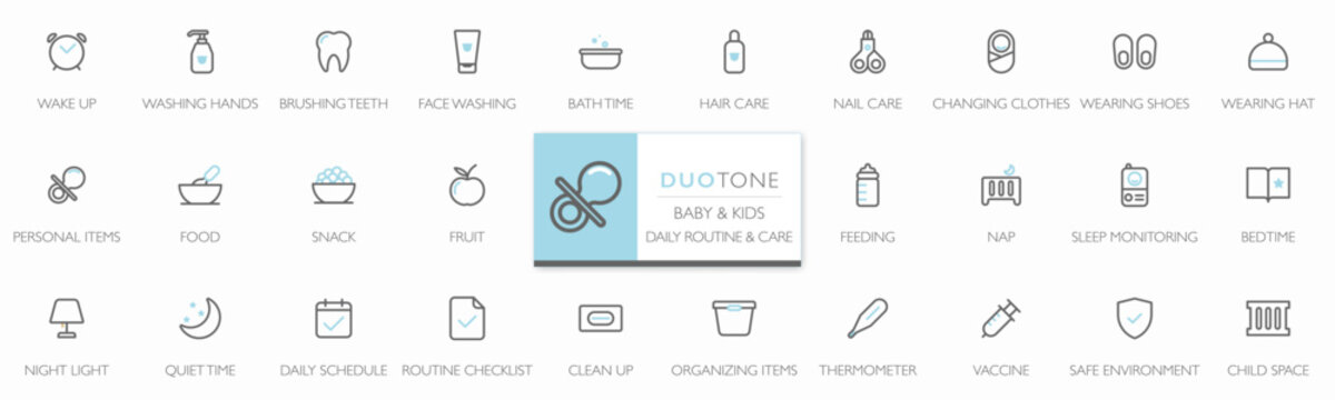 Minimalist duotone line icon set for baby and kids daily routine and care. Editable stroke icons for hygiene, feeding, sleep, safety and self-care for app, website, UI, parenting and education project