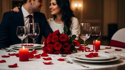 A romantic couple enjoying a candlelit dinner for two in a luxurious restaurant with a beautiful bouquet of red roses