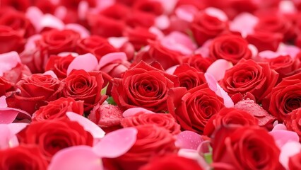 A vibrant bouquet of red roses with scattered pink petals