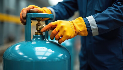Person works with gas cylinder. Man in safety gloves adjusting valve on blue tank. Industrial worker handles dangerous material. Safe operation of equipment in workplace.