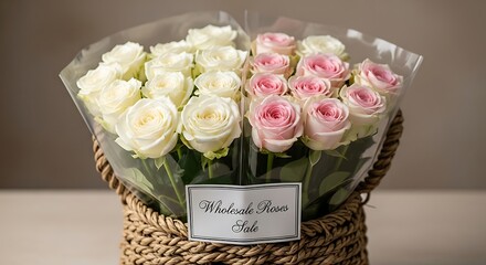 Two bouquets of white and pink roses are presented in a woven basket.