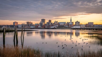 Naklejka premium Maine coastal city sunset calm harbor reflections urban skyline photo
