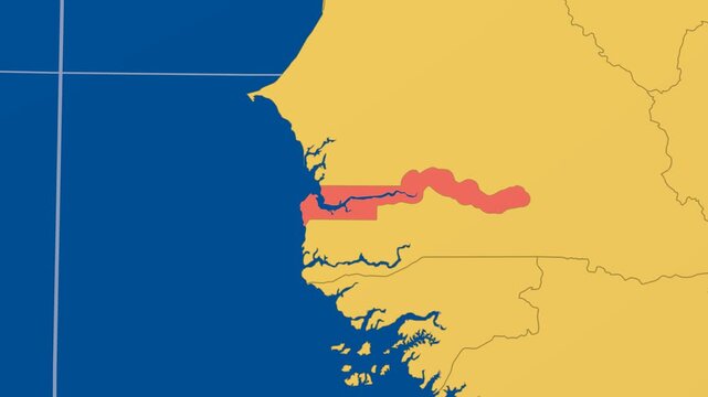 Gambia on Globe. Animated zoom into the country in Ocean Blue Golden Yellow color palette. Gambia logo animation. Map with meridians, parallels. Trending video.