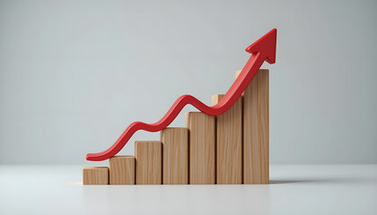 Business growth and profit increase concept with rising wooden bar graph and red arrow for financial investment presentation header