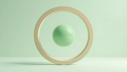 Minimalist zen balance and harmony concept with 3D mint green sphere in wooden circle for holistic wellness website hero banner