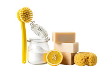 Eco-friendly natural cleaning products with baking soda, lemon, bar soap, and wooden brush