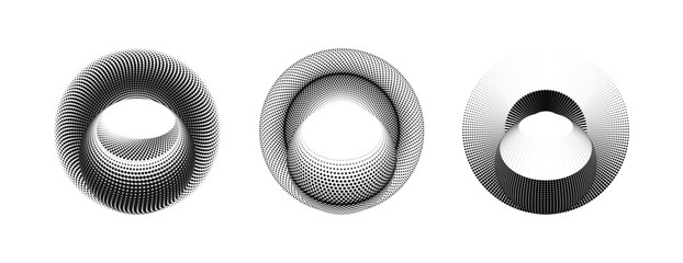 Abstract halftone sphere and torus set: 3d geometric dotted circular graphic elements.