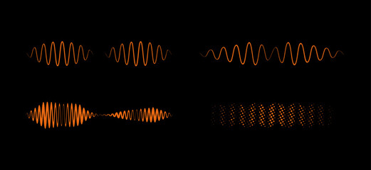 Wave particles duality, pod cast sound wave and audio signal line icon vector set.