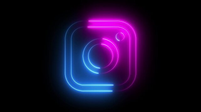 Neon instagram logo glowing with pink and teal lights on a black background design element