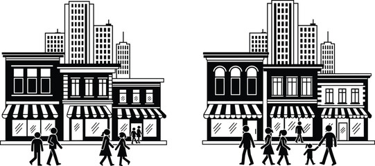 Obraz premium Black and white vector city street scene with storefronts, skyscrapers, stick figure pedestrians walking, shopping, strolling in modern urban environment.
