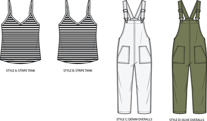 Flat vector illustration, casual clothing set, stripe tank tops, denim overalls, olive overalls, fashion sketch, garment design, apparel flats