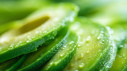 Freshly Cut Avocado Slices Close Up with Water Droplets on Glossy Surface Showcasing Natural Texture and Vibrant Green Color for Culinary Use