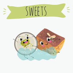 Funny Characters namoura, Turkish dessert, Kazandibi, Muhallebi, Tavuk Gogsu. Hand drawn vector illustration.