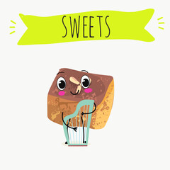 Funny Characters namoura, Turkish dessert, Kazandibi, Muhallebi, Tavuk Gogsu. Hand drawn vector illustration.