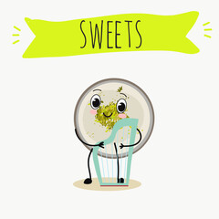 Funny Characters namoura, Turkish dessert, . Hand drawn vector illustration.