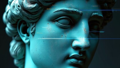 Classical sculpture portrait with digital glitch effect. Artwork presents ancient marble statue with futuristic tech lines across face. Digital art merges old and new concepts with modern aesthetic.