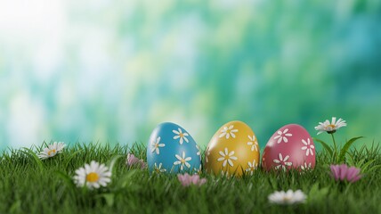 Colorful easter eggs with white flowers on green grass with blurred background with spring and holiday with outdoor