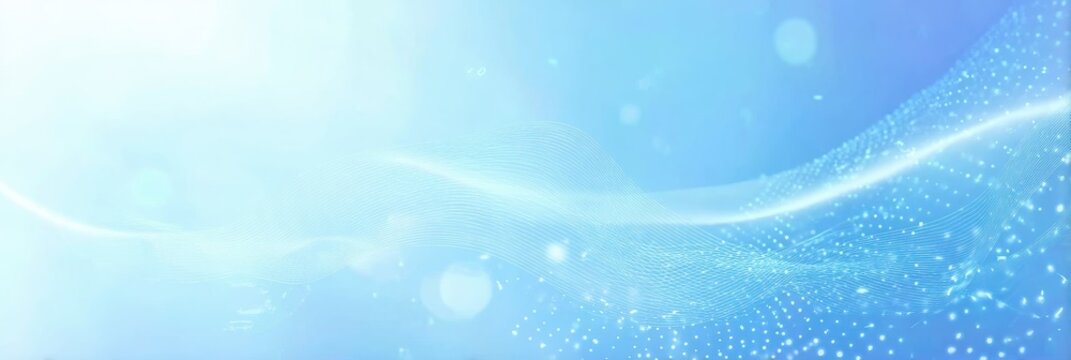 Blue and white abstract background with wavy lines, dots, light blue sky-blue gradient, white space, generative AI creation
