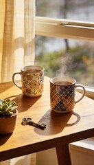 Two patterned coffee mugs with steam on wooden table near window with sunlight, succulent plant, and vintage key, cozy home morning scene