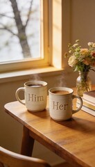 Two steaming coffee mugs labeled Him and Her on wooden table near sunny window with flowers and books, romantic morning lifestyle concept