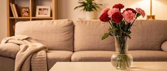 Cozy living room interior with bouquet of red roses and pink carnations in glass vase on table, beige sofa background with copy space, warm home atmosphere