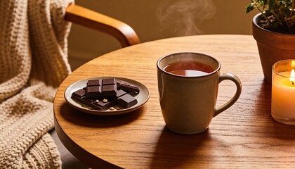 Steaming cup of hot tea and dark chocolate on wooden table with burning candle and knitted blanket, cozy evening relaxation concept