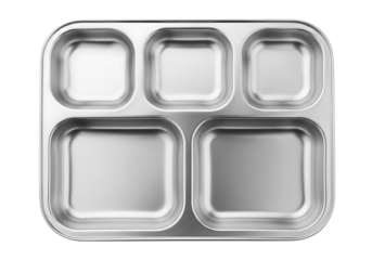 Empty rectangular stainless steel food tray with five compartments for cafeteria or mess hall meals isolated on white background