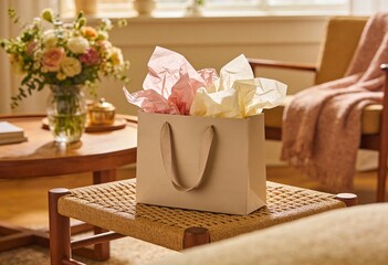 Beige paper gift bag with pink and yellow tissue paper standing on woven stool in cozy living room, birthday or holiday celebration concept