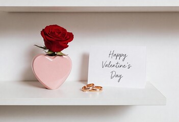 Romantic shelf decoration with red rose in pink heart vase, two gold wedding rings, and happy valentine's day greeting card on white background