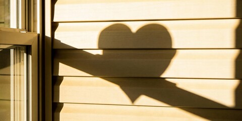 Heart shaped shadow cast on beige siding wall of house next to window during golden hour, creative abstract love symbol concept