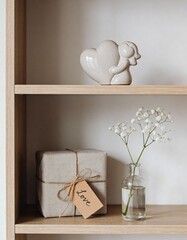 Neutral Valentine's Day decor on wooden shelf featuring ceramic hugging heart figurine, linen wrapped gift box with love tag, and baby's breath flowers in glass vase