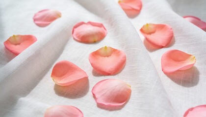 Pink rose petals scattered on soft white linen fabric with folds and sunlight, romantic texture background for wedding or spa concept
