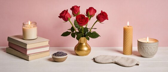 Self care flat lay concept with burning candles, red roses, books, lavender, and sleep mask on white table with pink background, relaxation and wellness routine