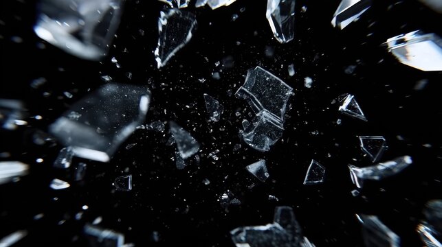 Shattered glass pieces exploding in air on black background with blur bokeh motion, dynamic texture for dramatic abstract art, background