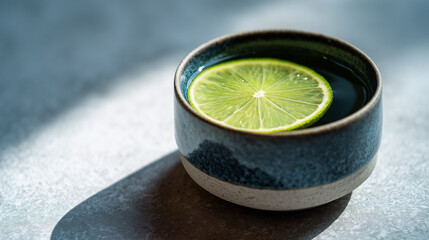 sake. Thin slice of sudachi lime on the rim of a ceramic cup filled with clear sake. bar promotions, beverage menus, designed for food & beverage menus and cafe branding.