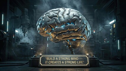 Augmented Metallic Brain with Glowing Circuits and Inspirational Quote on Futuristic Platform