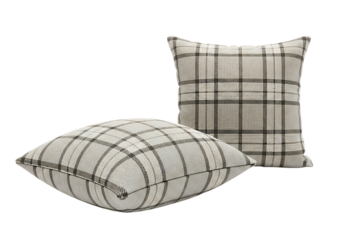 Pair of square decorative throw pillows with gray and brown plaid checkered pattern isolated on white background
