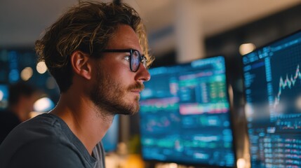 Medium shot of a data scientist analyzing search algorithm parameters on dual monitors in a modern office focusing intently on tuning for improved search relevance.
